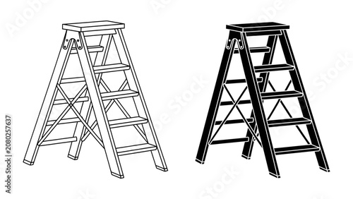 Canvastavla Step Up with Dual Ladders: Two distinct stepladders, one outlined in black and white and the other rendered in solid black, stand ready for use, symbolizing utility and access