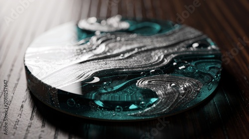 Close-up of Teal and Silver Liquid Swirls and Bubbles
