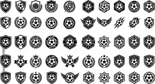Soccer crest vector line icon set featuring octagram stars heraldic wings sharp shield badges and football team insignias