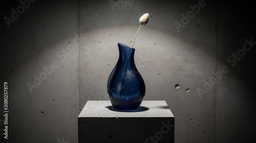 Elegant Blue Glass Vase With Dried Flower Against Concrete Wall