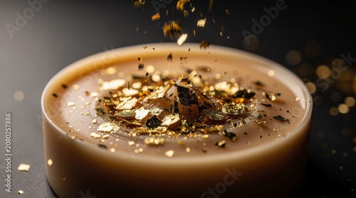 Edible Gold Leaf Decoration Falling onto Creamy Dessert Surface