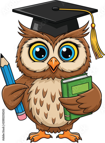 Cartoon owl, wise bird, wearing graduation cap, holding pencil, green book, teacher mascot, education symbol, school animal character illustration