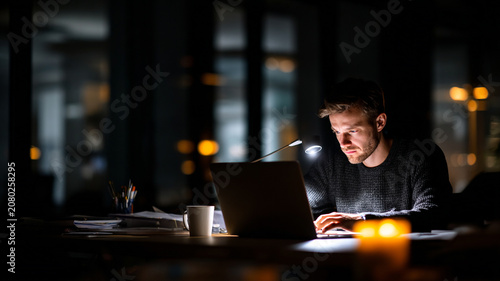 person working late at desk, focused mood, dim light