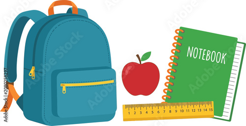 School bag with apple notebook ruler on table indoors closeup