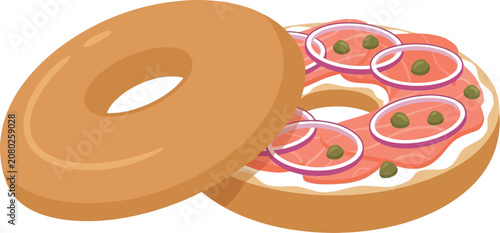 Illustration of a delicious bagel with lox and cream cheese toppings