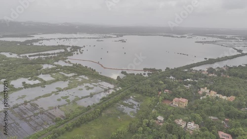 Aerial view of Old Goa and the Mandovi River during the monsoon season, featuring coconut palms, green fields, backwaters, lush greenery, nearby houses, and cloudy skies.