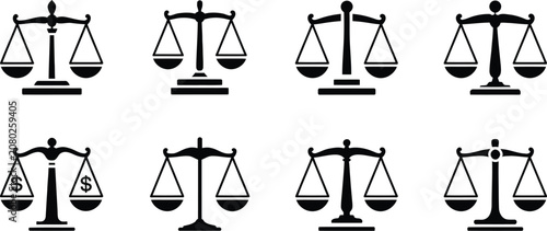 Foto Scales, of justice silhouette icon set, black balance symbols for law, court, legal system, judiciary, attorney services, justice, legal authority
