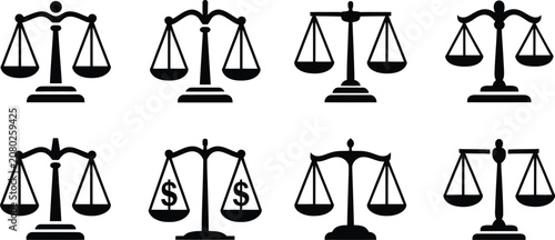 Foto Scales, of justice silhouette icon set, legal balance symbols for court, judiciary, law enforcement, attorney services, legal rights, justice concepts