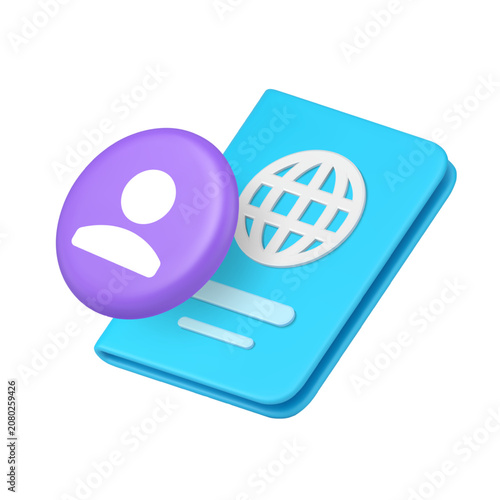 A light purple user profile avatar and a blue global passport icon for identity, travel, international, verification, communication, and security. 3d icon realistic vector illustration.