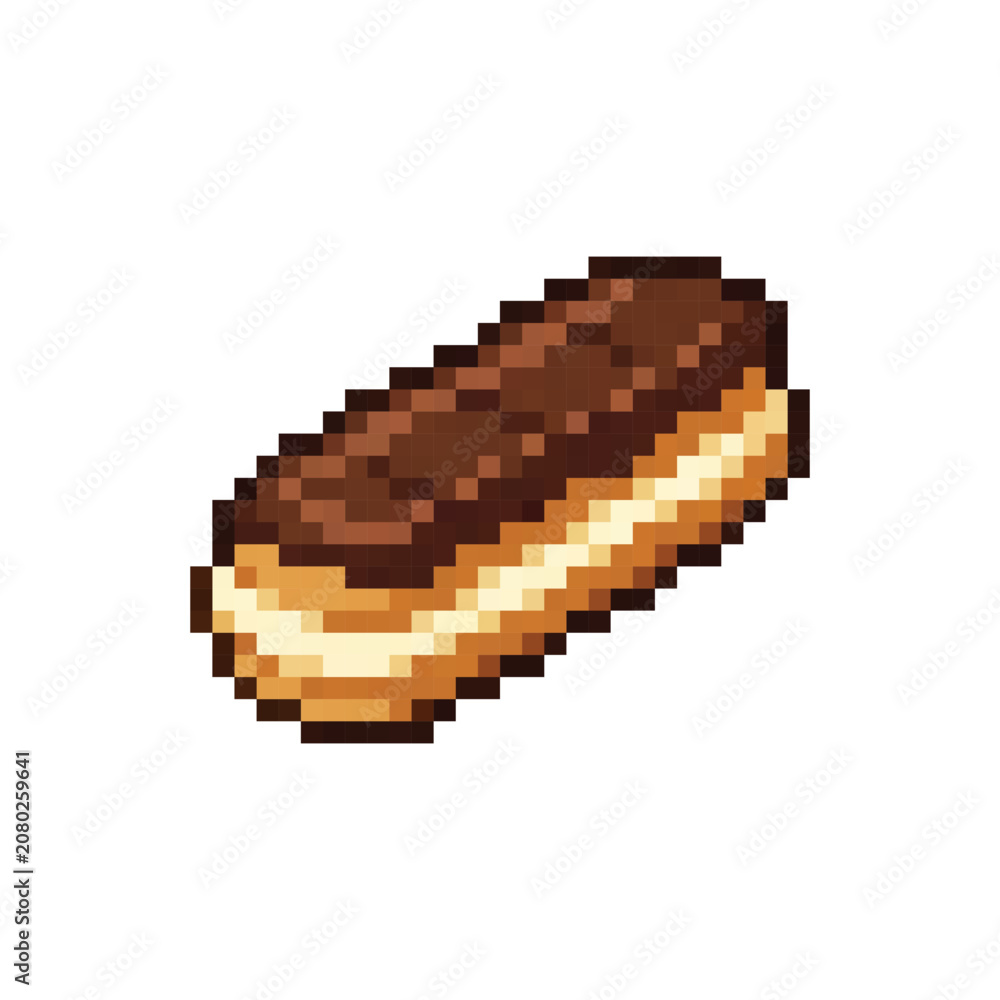 Fototapeta premium Pixel art chocolate eclair vector icon isolated on white background