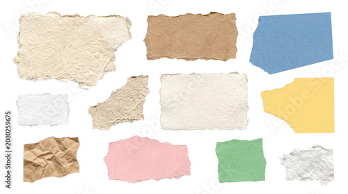 Foto Diverse array of colorful torn paper elements featuring different textures and deckled edges on a transparent