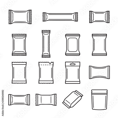 Various clean linear food packaging pouch and sachet outlines on white background