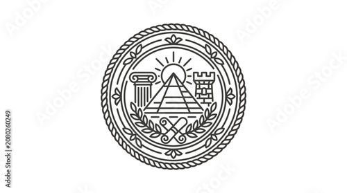 Clean Black and White Masonic Symbols Emblem with Triangle Pillars Sun Castle and Laurel Wreath Border