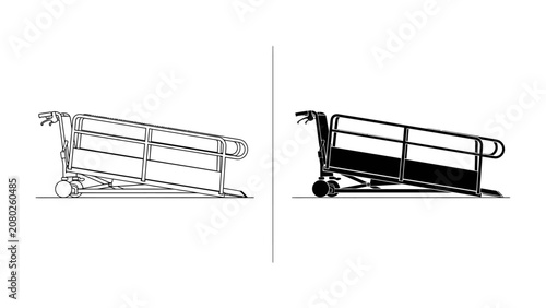 Εκτύπωση καμβά Airport Luggage Cart Line Art: A clean line art illustration depicts an airport luggage cart in two variations, one in outline and the other filled with black