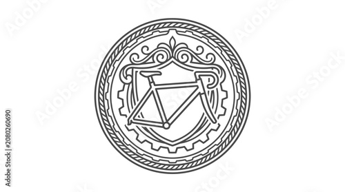 Elegant Black and White Line Art Seal Featuring Interlocking Gears Triangle and Ornate Scrollwork Design