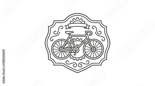 Elegant Black and White Line Drawing of a Vintage Bicycle Inside an Ornate Shield Shaped Frame with Gears and Decorative Swirls
