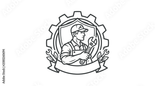Elegant Black and White Line Drawing of Mechanic Holding Wrench Inside Gear Symbol with Tools and Leaves
