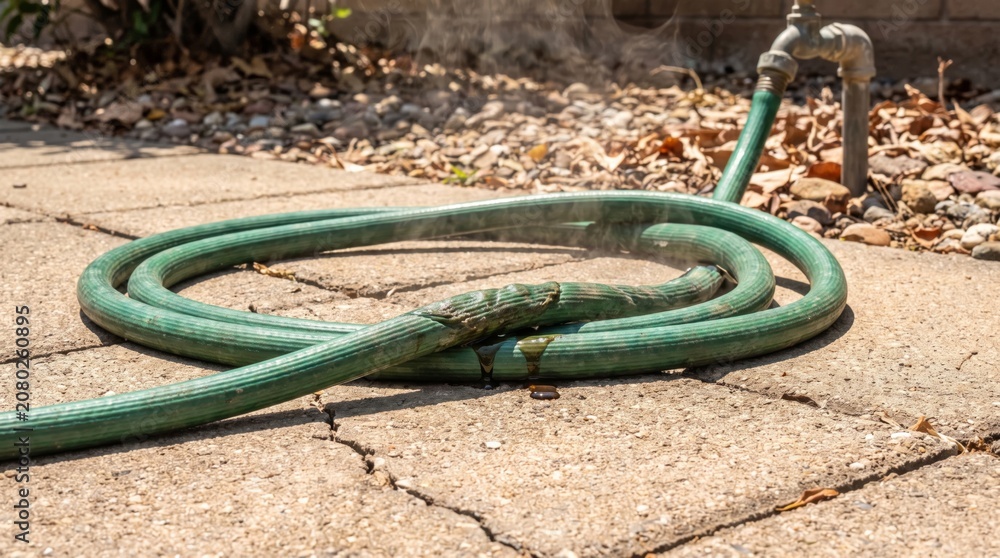 Obraz premium Green garden hose melting and steaming on cracked concrete patio near outdoor faucet in summer heat