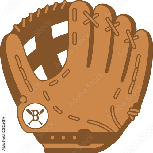 Brown baseball glove with ball and logo on wrist strap