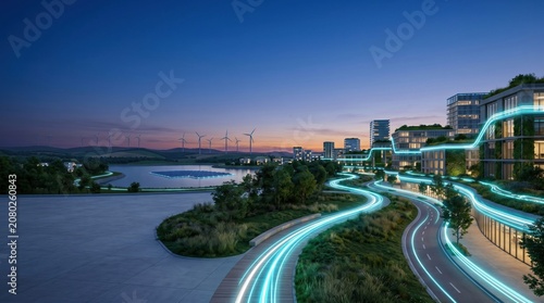 Future smart eco city concept with glowing blue light lines wind turbines and solar farm at twilight.