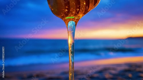 A serene beach scene at sunset with a close-up of a golden liquid pouring