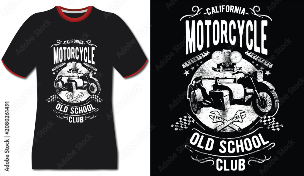 Fototapeta premium California motorcycle old school club print on black t-shirt with red trim, vintage style sidecar apparel