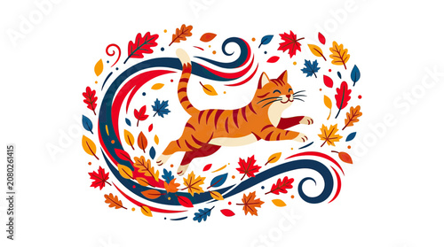 Happy Orange Tabby Cat Jumping in Autumn Leaves Swirl