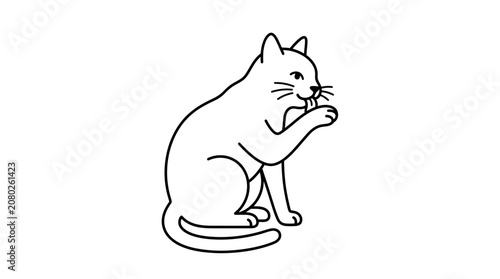 Minimalist Line Art of a White Cat Grooming its Paw