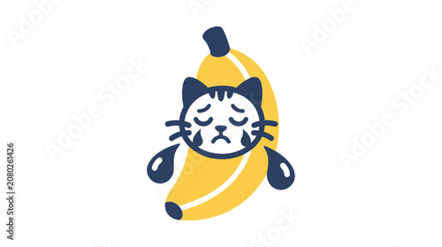 Sad Cat Crying Next to Banana, Cute Kawaii Art, Emotional Illustration