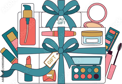 Gift set of cosmetics and beauty products in a decorative box with ribbon