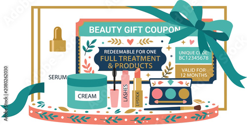 Beauty influencer filming setup with cosmetics and gift coupon on table indoors