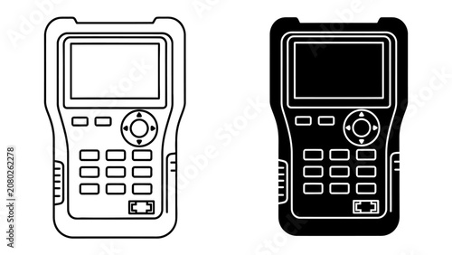 Schilderij op canvas Digital Multimeter Icon: Two clean line art icons of a digital multimeter, one outlined in black and the other in solid black, representing a common electrical testing instrument
