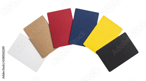 Collection of six blank rounded-corner cards in a vibrant color assortment, fanned out for versatile design.
