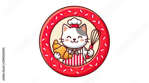 Cute Baker Cat Holding Croissant and Whisk, Bakery Logo Design