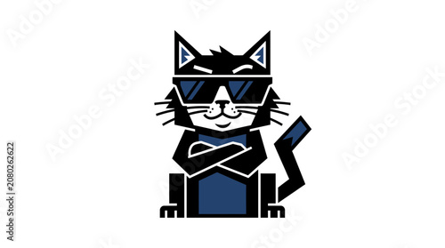 Cool cartoon cat wearing sunglasses, confident, with arms crossed, isolated on white