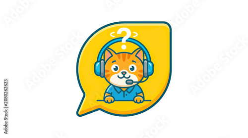 Cartoon Cat Character Wearing Headphones and Microphone, Question Mark