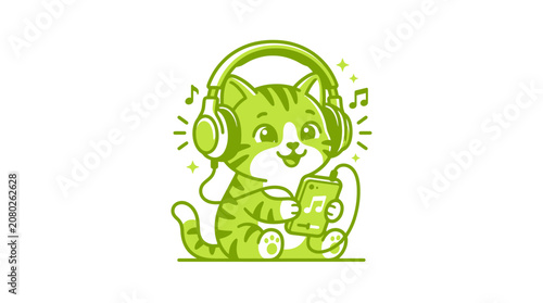 Cute cartoon cat listening to music on headphones with smartphone, green tones