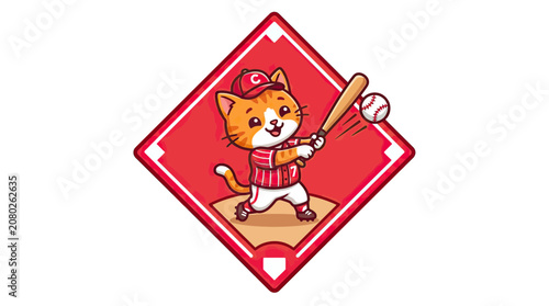 Cute Cat Character Playing Baseball