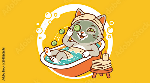 Cute Cat Relaxing in Bathtub with Cucumber Slices and Face Mask