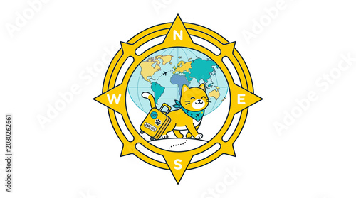 Cute Cat Traveling the World with Suitcase, Compass Rose, Globe