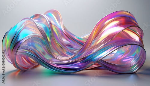 A Vibrant And Colorful Abstract Sculpture With Wavy Iridescent Ribbons On A Light Gray Background