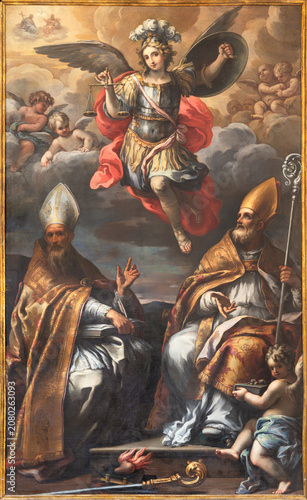 LUCCA, ITALY - JUNE 24, 2026: The painting of St. Michael archangel and St. A...