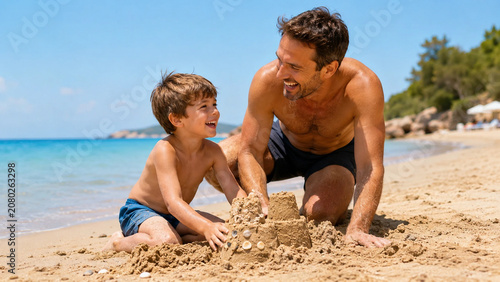Father and son playing on the beach