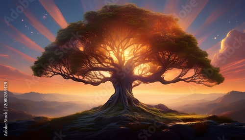Fantasy Tree Radiating Light At Dawn