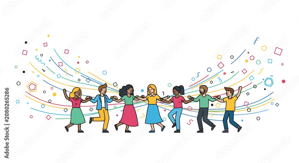 Fototapeta premium A diverse group of joyful people holding hands and walking together, with colorful abstract lines and shapes in the background, representing unity and celebration.