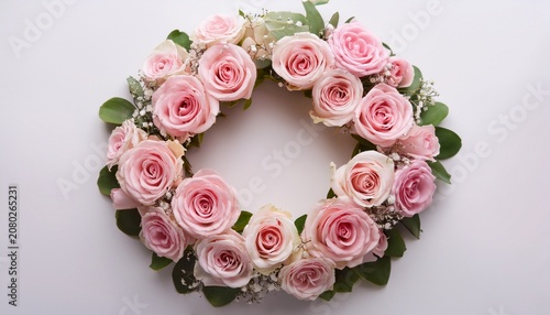 Elegant Round Floral Wreath Of Pink Roses On Clean White Background