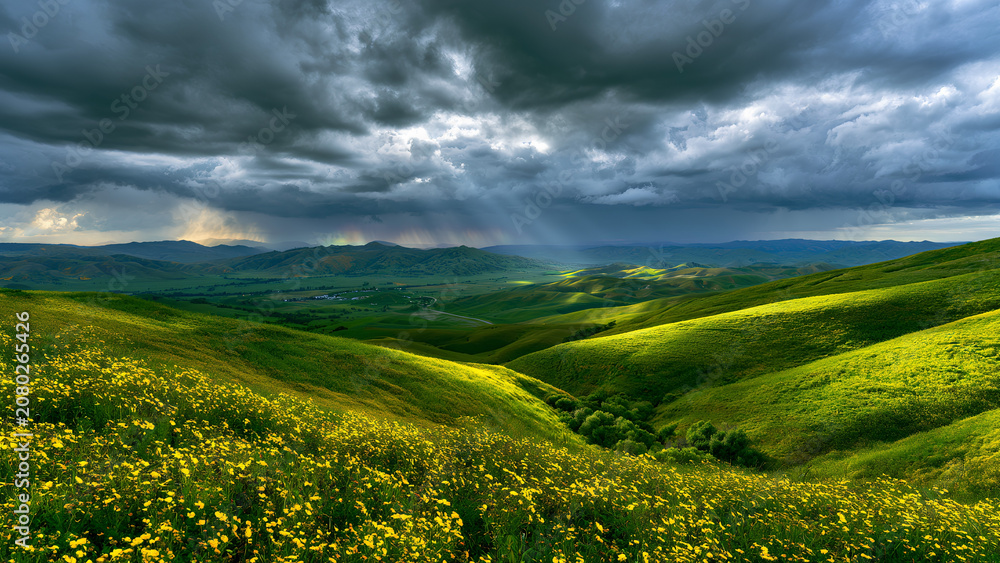Fototapeta premium Vivid Wildflower Superbloom in Rolling Hills Under Dramatic Storm Clouds with Rainbow