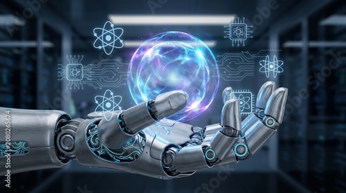 Futuristic robotic hand holding glowing energy orb with scientific digital interface graphics in a high tech server room environment representing advanced artificial intelligence