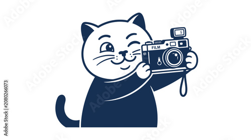 Foto Cute cartoon cat holding a vintage film camera and winking