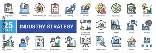 Industry Strategy icon set featuring operational planning,industry performance,supply chain management,innovation,risk control,and strategic business development.
